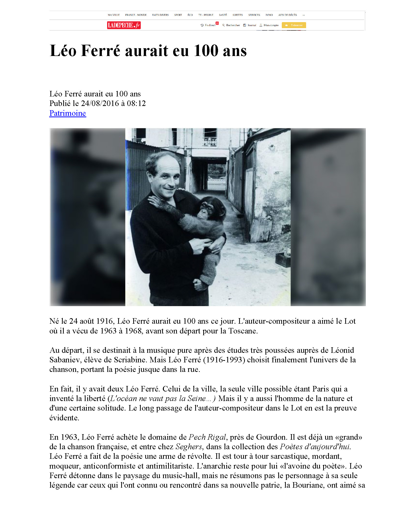 24/08/2016 La dépêche Léo Ferré aurait eu 100 ans